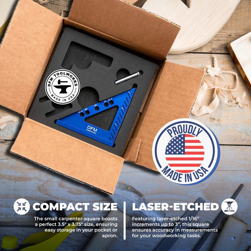 DFM Tool Works DFM Small Carpenters Work Tools w/Fixed Miter Angle Pin - Precision Woodworking - 3.5" x 3.75" Size for Pocket 1/16" Scribe Holes 5 x 1/4" Pin Holes - Made in USA - English Blue - Image 3